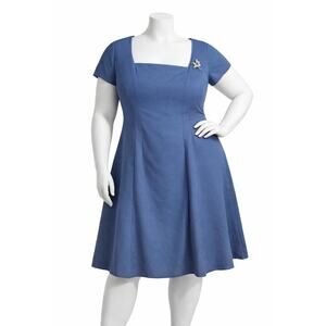 NWT EY Boutique Blue Square‑Neck Fit & Flare Dress with Brooch Midi Sz 18